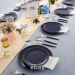 Assiettes en plastique KIRE de 175 pièces avec bordure argentée et plastique bleu argent jetable