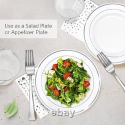 Assiettes en plastique blanches et argentées élégantes de 7,5 pouces, fourchettes, gobelets et couverts jetables