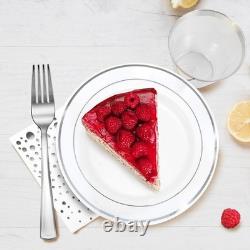 Assiettes en plastique blanches et argentées élégantes de 7,5 pouces, fourchettes, gobelets et couverts jetables
