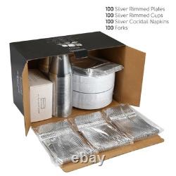 Assiettes en plastique blanches et argentées élégantes de 7,5 pouces, fourchettes, gobelets et couverts jetables