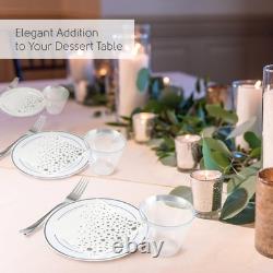 Assiettes en plastique blanches et argentées élégantes de 7,5 pouces, fourchettes, gobelets et couverts jetables