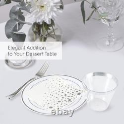 Assiettes en plastique blanches et argentées élégantes de 7,5 pouces, fourchettes, gobelets et couverts jetables