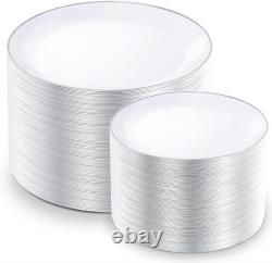 Assiettes en plastique bleues avec bord argenté et vaisselle jetable argentée avec bleu