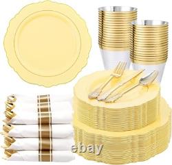 Assiettes en plastique jetables 350 pièces, bord doré jaune, pour 50 invités, mariage Liacere Led