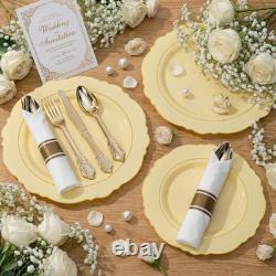 Assiettes en plastique jetables 350 pièces, bord doré jaune, pour 50 invités, mariage Liacere Led
