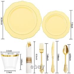 Assiettes en plastique jetables 350 pièces, bord doré jaune, pour 50 invités, mariage Liacere Led