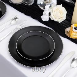 Assiettes en plastique noir robustes jetables avec 100 pièces noires/argentées