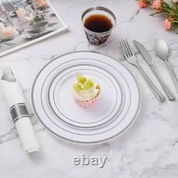 Assiettes en plastique pour fête de mariage, bord blanc argenté, 350 assiettes plates