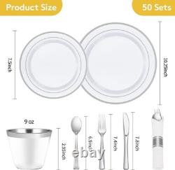 Assiettes en plastique pour fête de mariage, bord blanc argenté, 350 assiettes plates