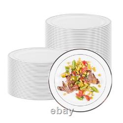 Assiettes jetables blanches Restaurantware de 10,5 x 10,5 pouces, 100 avec bord argenté