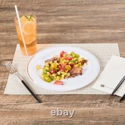 Assiettes jetables blanches Restaurantware de 10,5 x 10,5 pouces, 100 avec bord argenté