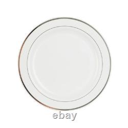 Assiettes jetables blanches Restaurantware de 10,5 x 10,5 pouces, 100 avec bord argenté