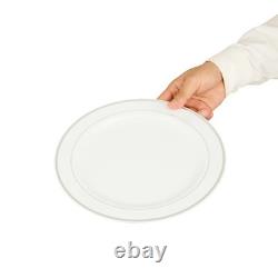 Assiettes jetables blanches Restaurantware de 10,5 x 10,5 pouces, 100 avec bord argenté