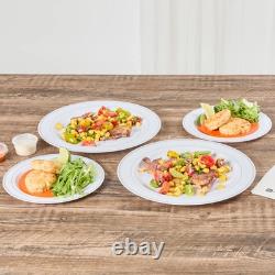 Assiettes jetables blanches Restaurantware de 10,5 x 10,5 pouces, 100 avec bord argenté