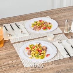 Assiettes jetables blanches Restaurantware de 10,5 x 10,5 pouces, 100 avec bord argenté