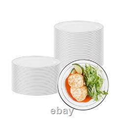 Assiettes jetables blanches Restaurantware de 7,5 x 7,5 pouces, 100 avec bord argenté P