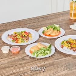 Assiettes jetables blanches Restaurantware de 7,5 x 7,5 pouces, 100 avec bord argenté P