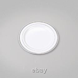 Assiettes jetables blanches Restaurantware de 7,5 x 7,5 pouces, 100 avec bord argenté P