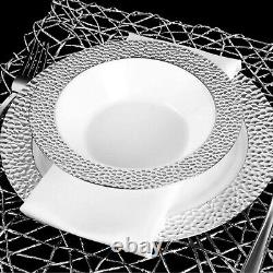 Assiettes jetables rondes en plastique blanc avec bordure en argent martelé Sélection de porcelaine