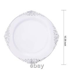 Assiettes plates jetables blanches à bord argenté, ultra-résistantes, chics et élégantes, 10,25 pouces, Bp