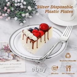 BESTVIP 100 pièces Assiettes en plastique argentées, assiette jetable de dîner de 10,25 pouces, lot partiel
