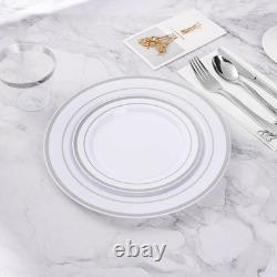 BESTVIP 100 pièces Assiettes en plastique argentées, assiette jetable de dîner de 10,25 pouces, lot partiel