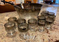 Bol à punch vintage MCM argenté ombré avec 12 verres et une louche en plastique