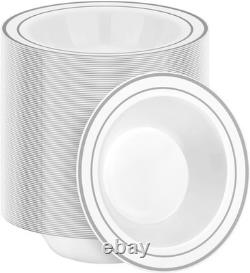 Bols à soupe jetables robustes de 12 oz, paquet de 200, bord argenté, élégants en plastique, Wed