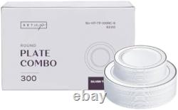 Cas de 300 assiettes en plastique premium à bord en or blanc résistantes