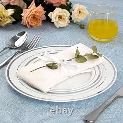 Cas de 300 assiettes en plastique premium à bord en or blanc résistantes