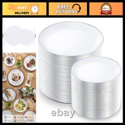 Ensemble de 200 assiettes en plastique à bord argenté, 100 assiettes dîner et 100 assiettes dessert pour Pa