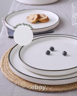 Ensemble de vaisselle blanc avec bord noir, 12 pièces en pierre, compatible avec le micro-ondes et le lave-vaisselle