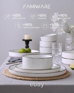 Ensemble de vaisselle blanc avec bord noir, 12 pièces en pierre, compatible avec le micro-ondes et le lave-vaisselle