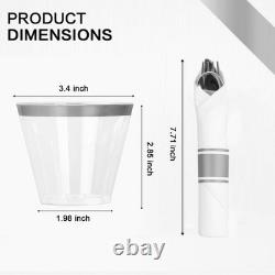 Ensemble de vaisselle de 350 pièces, 100 assiettes en plastique avec bord argenté, 50 tasses, 50 pré-roulées