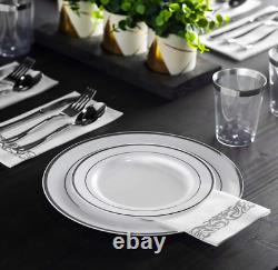 Ensemble de vaisselle en argent de 600 pièces, assiette en plastique de 10 pouces avec bord argenté à 100 unités.