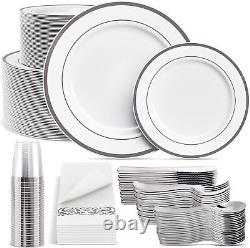 Ensemble de vaisselle en argent de 700 pièces - 200 Assiettes en plastique blanc et argent - Ensemble de 300