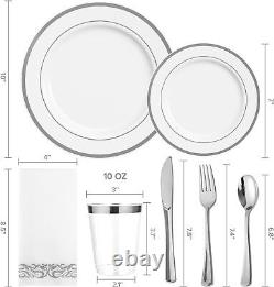 Ensemble de vaisselle en argent de 700 pièces - 200 Assiettes en plastique blanc et argent - Ensemble de 300