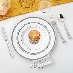 Ensemble de vaisselle en argent de 700 pièces - 200 Assiettes en plastique blanc et argent - Ensemble de 300