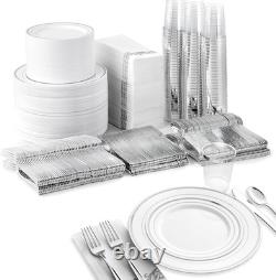 Ensemble de vaisselle en argent de 700 pièces, 200 assiettes en plastique avec bord en argent, 100 serviettes en argent Ensemble de vaisselle en argent de 700 pièces, 200 assiettes en plastique avec bord en argent, 100 serviettes en argent