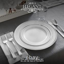 Ensemble de vaisselle en argent de 700 pièces, 200 assiettes en plastique avec bord en argent, 100 serviettes en argent