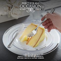 Ensemble de vaisselle en argent de 700 pièces, 200 assiettes en plastique avec bord en argent, 100 serviettes en argent