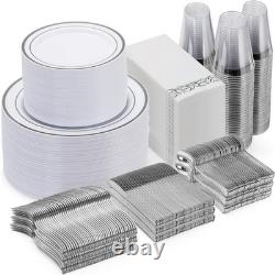 Ensemble de vaisselle en argent de 700 pièces pour 100 invités, assiettes en plastique jetables pour