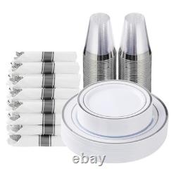 Ensemble de vaisselle en plastique argenté de 175 pièces pour 25 invités, assiette jetable élégante