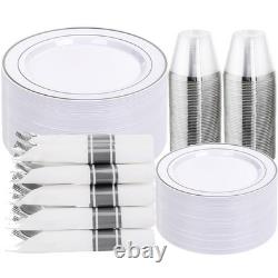 Ensemble de vaisselle en plastique argenté de 350 pièces pour 50 invités, assiettes jetables élégantes