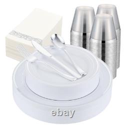Ensemble de vaisselle en plastique argenté de 350 pièces pour 50 invités, assiettes, tasses, ustensiles, serviettes