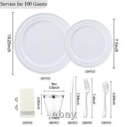 Ensemble de vaisselle en plastique argenté de 350 pièces pour 50 invités, assiettes, tasses, ustensiles, serviettes