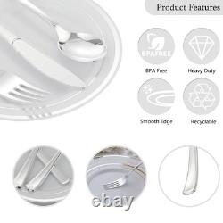Ensemble de vaisselle en plastique argenté de 350 pièces pour 50 invités, assiettes, tasses, ustensiles, serviettes