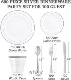 Ensemble de vaisselle en plastique argenté de 600 pièces pour 100 invités, assiettes jetables, nouveau