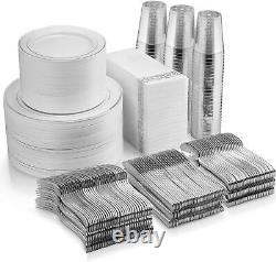 Ensemble de vaisselle en plastique argenté de 700 pièces : 200 assiettes à bord, 300 couverts, 100 tasses.