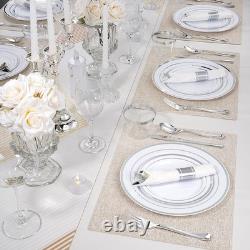 Ensemble de vaisselle en plastique blanc et argent de 350 pièces pour 50 invités, 100 jetables